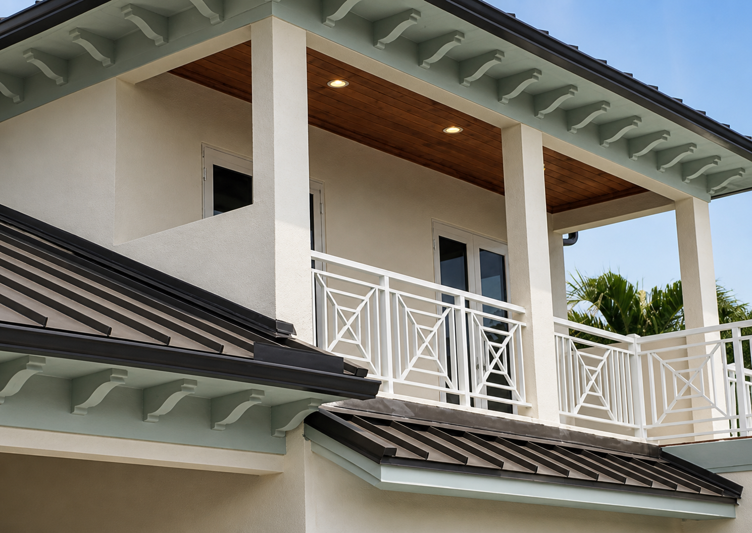 Light green decorative brackets repeated beneath residential balcony rooflines